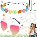 WiDream Hippie Kostüm, Hippie Kostüm Damen, Hippie Accessoires, Hippie Haarband, Vintage Hippie Brille Im Stil 60er 70er Jahre, Boho Stirnband Blume Stirnband Friedenszeichen Halskette