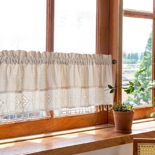 JTPMYFT Kurzer Vorhang aus Leinen- und Baumwollgaze, Trennvorhang mit Quastenspitze, geeignet for Cafés und Privatunterkünfte, atmungsaktiv und lichtdicht(132 * 46cm(52 * 18.1inch))