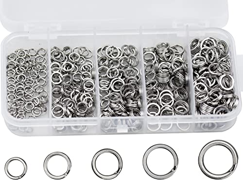 KAONESS 500Pcs Sprengringe Angeln 5mm 6mm 7mm 8mm 9mm Spaltringe Edelstahl Köderring für Angeln Fischen,Angelköder Leinen Connector