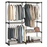 SONGMICS Kleiderschrank, Kleiderschränke, freistehende Garderobe, mit Kleiderstangen, Garderobenständer, Stoffablagen, Metallrahmen, 138 x 43 x 182 cm, Taupe RYG025R02