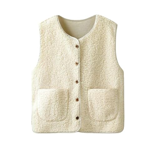 flintronic Teddy Fleece Weste Damen, Damen Ärmellose Fleeceweste, Ärmellos Fellweste Damen, Einfarbig V-Ausschnitt Knöpfen Fleeceweste, Damen Einfarbig V-Ausschnitt Knöpfen Teddy Weste, M