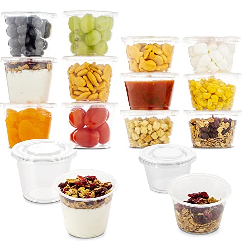 DuraHome Kunststoff-Portionsbecher mit Deckel, 113 ml und 155 ml, Kombi-Packung, auslaufsicher, Mini-Behälter für Salat, Dressing, Soße, Gewürze, Snacks, Souffle und Salsa, Einweg, austauschbar