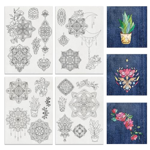 BENECREAT 4 Blatt 24 Stück Mandala-Blumen Wasserlösliche Stickerei, Stick Und Stichpapier-Stabilisator Für Hemden Mit Mond- Und Pflanzenmotiv, 29.7x21 Cm, Mäntel, Taschen