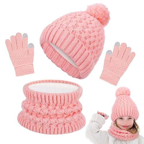 Lvefyti Kinder Wintermütze Schal Handschuhe Set Mädchen Strickmütze Warme Wintermütze Beanie Hut Runder Schal Handschuhe Set für Kinder 2-6 Jahre (Rosa)