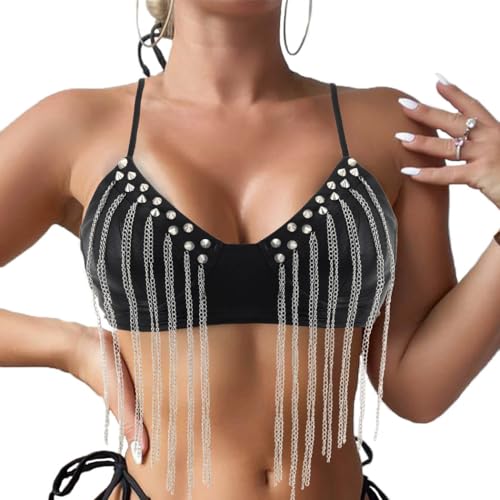 Flovel Damen Bikinioberteil mit Punk Nieten BH Sexy Bauchfreies Top mit Quaste Rave Outfits Sommer Strand Nachtclub Kostüm für Frauen und Mädchen