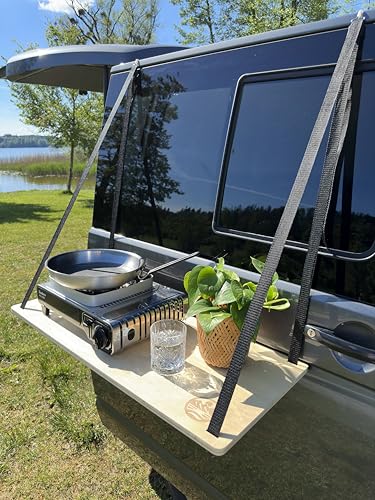 GLAMPTRAY® Camping-Van Hängetisch, Hängeregal, Außenküche aus Holz für Camper, VW Bus Schiebetür, höhenverstellbar, 80x35x1,5cm