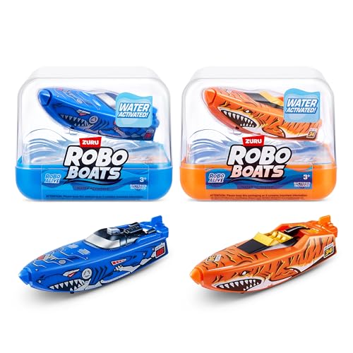 ROBO ALIVE ZURU Robo Boats, Tiger Shark & Robo Shark Boat, 2 Pack, by ZURU Water Activated Boat Toy, (Amazon Exclusive)