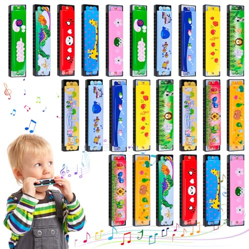 Mundharmonika Kinder, 24 Stück Cartoon Harmonika Kinder, Kindergeburtstag Mundharmonika mit Doppelter Reihe von 16 Löchern für Kinder Anfänger, Mitgebsel Kindergeburtstag 5 6 7 8 9 10 Jahre