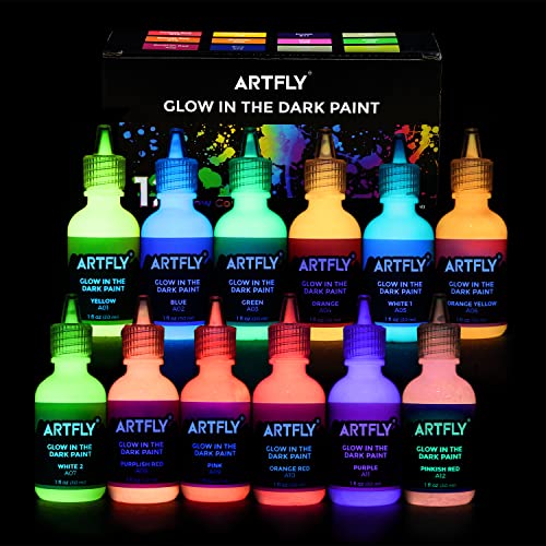 ARTFLY nachtleuchtende Farben, Fluoreszierende Leuchtfarbset mit 12 leuchtenden Farben á 30ml/1oz, Acryl Glow in The Dark Farbe perfekt Halloween- und Weihnachtsdekoration