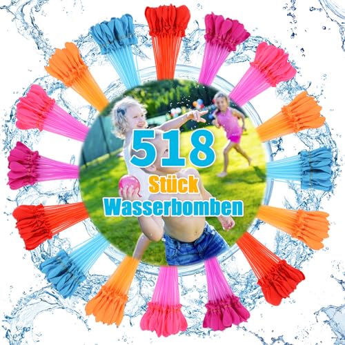 518 Stück Wasserbomben Set, 60 Sekunden Schnellfüller Wasser Luftballons mit Selbstschließende, Bunt Wasserballons für Kinder Wasserspiele,Sommer