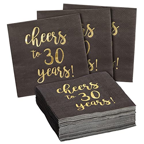 Servietten Cheers to 30 Years, 50 Stück, Cocktailservietten, 3-Lagig, Schwarz, Goldfolien-Aufschrift, 25,4 x 25,4 cm Ungefaltet