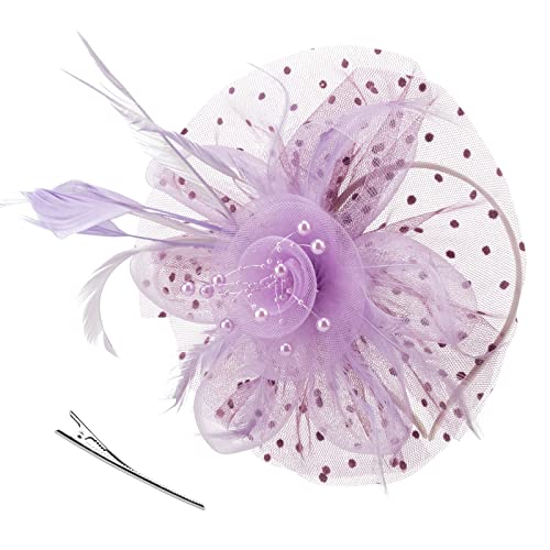 DRESHOW Fascinators Hut Blume Mesh Bänder Federn auf einem Stirnband und Einem Geteilten Clip Cocktail Tea Party Headwear für Mädchen und Damen