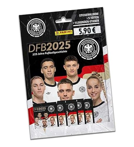 Panini DFB 2025-125 Jahre Fußballgeschichte | Starter-Set mit Album + 25 Stickern + 1 Legenden-Sticker + Heartforcards® Versandschutz