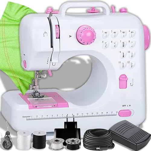 Retoo Nähmaschine Mini und LED Licht für Kinder und Anfänger 12 Stichmuster Elektronische Profi Haushaltsnähmaschine mit Fußpedal Sewing Machine Strom und Batteriebetrieb Freiarm Weiß/Rosa