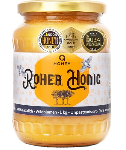 Q Honey Roher Honig – Natürlicher, Wilder, ungefilterter Imker Honig aus Litauen, Gewinner der London International Honey Quality Competition 2024, 1 kg
