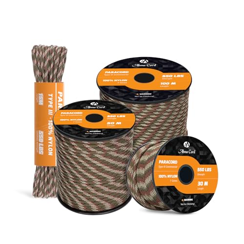 Abma Cord Paracord 550 Nylon Seil Paracord 4mm Schnüre (15m-30m-50m-100m) mit 7 Kern Type III Survival Fallschirm Schnur Top 45 Heiße Farben - Max. 250kg - Forest Camo, 15m