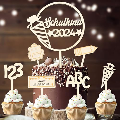 7 Stk Schulkind 2024 Tortendeko Einschulung Holz, Cake Topper Einschulung Kuchendeko Schulanfang, 123 ABC Kuchendeko Schuleinführung Party Deko Geschenke für Junge Mädchen