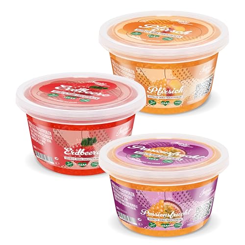 INSPIRE FOOD Bubble Tea Perlen Set - 3er-Pack Popping Boba Fruchtperlen | Erdbeer, Maracuja, Pfirsich | Tapioka Perlen 100% vegan und glutenfrei, ohne künstliche Farbstoff, je 450g