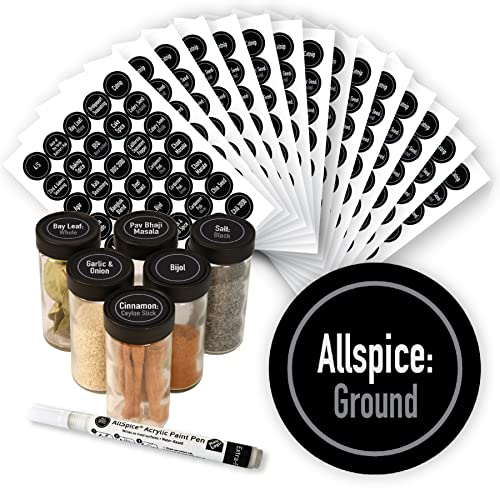 AllSpice Ultimate Spice Label Set 525 English Water Resistant Round Spice Jar Labels Set 1.5" with Extra Fine White Paint Pen (Modern Black)