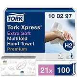 Tork Xpress extra weiche Multifold Papierhandtücher 100297 - H2 Premium umweltschonende Falthandtücher für Handtuchspender - extra weich und saugfähig, 2-lagig, weiß - 21 x 100 Tücher