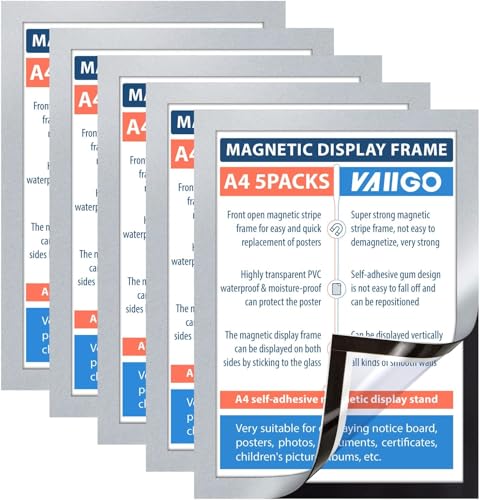 VAIIGO Magnetrahmen Info-Rahmen Selbstklebend mit Magnetverschluss für Informationsrahmen DIN A4 Format 5 Stück Silber