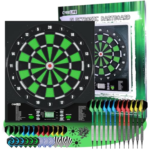 Cyeelife Elektronische Dartscheibe,Dartboard mit 12 Darts,24 Pro Flights 50 Pfeilspitzen und Zubehör,Batterie/Adapter/deutsch-English 3-Sprachenwechse,Dart für 1 bis 8 Spieler