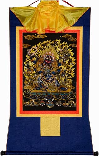 Tibetische Thangka Malerei, Sechsarmiger Mahakala, Schutzgottheit, tibetische Thangka-Malerei, buddhistischer Thangka-Brokat, Buddha-Wandteppich mit Schriftrolle, schwarzer Typ ( Color : Blu , Size :