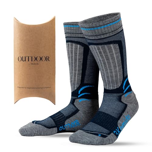 3Kamido OUTDOOR Socken Wandersocken Kindersocken Merino Wolle Trekkingsocken für Kinder Jugendliche Frauen Männer Sehr Warm und Weich Atmungsaktive Anti-Blasen Hohe Qualität(Grau/Marine 43-47EU)