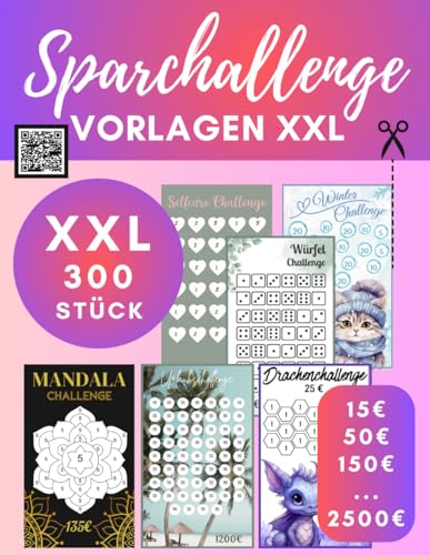 XXL Sparchallenge Vorlagen für die Umschlagmethode: 300 Stück I Cash Stuffing Zubehör für deine Geldspar Challenge deutsch I Passend für Zipper Umschläge A6 zum Ausschneiden