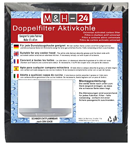 M&H-24 Filter Dunstabzugshaube Aktivkohle + Fettfilter Zuschneidbar - Aktiv-Kohlefilter für Abzugshaube Dunstabzug 60cm Dunstfilter Universal 57 x 47 cm Schwarz