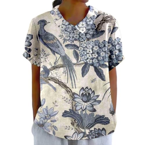 Shirt Wandern Damen Revers Rundhals Leinenhemd Bedrucktes Lockeres Pullover Vintage Casual T-Shirt Engel Flügel Damen (Blue-19, XXXXXL)