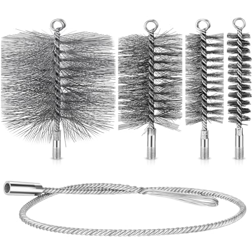 Nuenen 5 Stück Kamin Reinigungsset Bürsten 30mm 50mm 80mm 150mm Flexible Ofenrohrbürste + 1m Biegbare Schubstange Kaminbesen Schornsteinbesen Kaminbürste aus Stahldraht für Ofenrohr Reinigung
