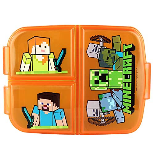 p:os p:os Minecraft Brotdose für Kinder mit 3 Fächern, Lunchbox aus Kunststoff mit Clip-Verschlüssen, Vesperdose für Kindergarten, Schule und Freizeit