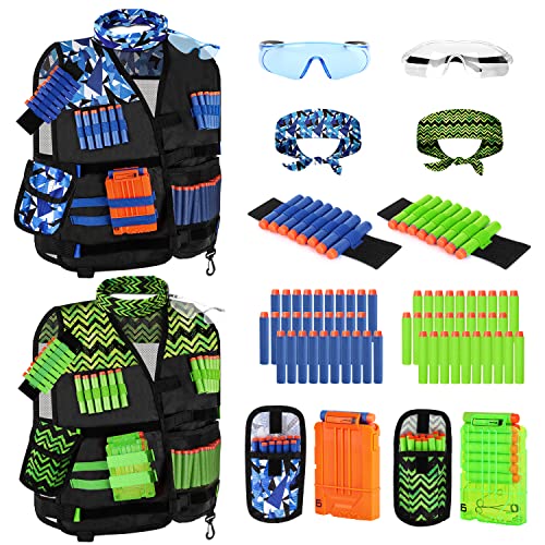 Lehoo Castle 2er Taktische Weste Jacke Set für Nerf Guns N-Strike Elite, Taktische Weste für Kinder, mit 60 Darts, 2 Brille, 2 Schnell Nachladen Clips, 2 Maske und 2 Armbände