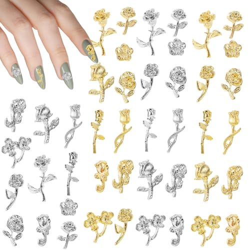 Giantree 44 Stück Rosen Nagel Charms, 3D Nagelkunst-Anhänger Nail Charms Gold Charms Nägel Nailart Zubehör Nagelschmuck Nageldekorationen für Frauen und Mädchen（Gold Silber）