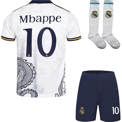 YATLASA R. Madrid #10 Mbappe Kinder Trikot Fußball Spezielle Weißer Drache-Edition, Shorts und Socken Jugendgrößen (Weiß, 28 (10-11 Jahre))