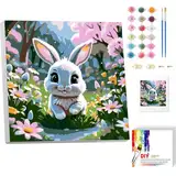 luckyarina Hase Malen nach Zahlen Kinder mit Rahmen, Tiere Paint by Numbers für Kind, Cute Ölgemälde Kinder ab 5 6 7 8 9 Jahre für Haus Dekoration 20x20cm