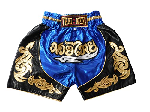 Generisch Grösse M Kinder Muay Thai Boxen Short Hose Pant MMA Kickboxen Jungen Mädchen Jugendliche Workout Junior Sport Gym Fitness (Blau)