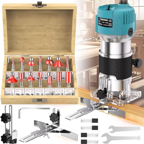 Holzfräse Oberfräse Professionell, 800 W, 30000 U/min, Handpalmenfräser mit 1/4 Zoll Zangen und 15 Fräsen, Kantenfräse aus Aluminium zum Fasen, Nuten, Schneiden, Bohren