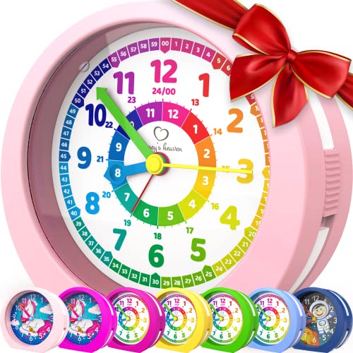 Honey's Heaven Kinderwecker ohne Ticken - für Jungen und Mädchen - Lernwecker Lernuhr Weckuhr Kinderuhr Quarzwecker Snooze Analog Quartz Wecker (pink)