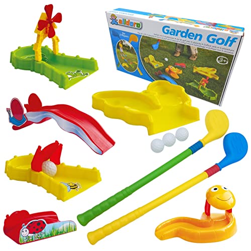 alldoro 60066 Garten Golf Set, Gartengolf mit 11 Teilen, Kindergolf mit 6 Hindernissen, 2 XXL Schläger und 3 Golfbällen, Minigolf für Drinnen & Draußen, Golfset aus Kunststoff für Kinder ab 3 Jahren