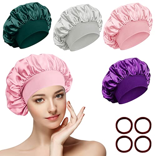 4 Stück Satin Haarhaube Nacht Schlafhaube mit 4 Stück Haargummis, Schlafmütze Haare Schützen Elastisch Wiederverwendbare Bonnet Sleep Cap Satin Bonnet Schlafkappe für Damen und Mädchen