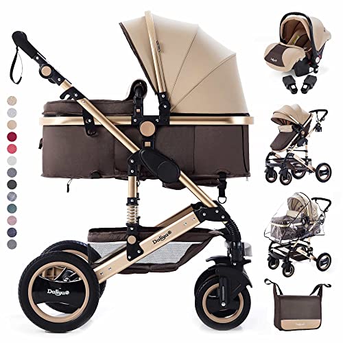 Daliya® Bambimo 3in1 Kinderwagen Kombikinderwagen Riesenset 15-Teilig incl. Babywanne, Buggy, Babyschale mit Fußsack, Alu-Rahmen, Voll-Gummireifen, Wickeltasche, Kindertisch - Braun Gold