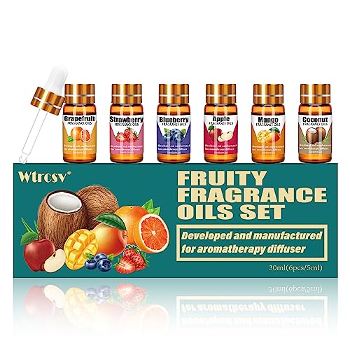 Fruchtiges Duftöl - Ätherische Öle Set für diffuser– 5 ml x 6 Fruchtaromen der vier Jahreszeiten – Kokosnuss, Heidelbeere, Grapefruit, Apfel, Erdbeere, Mango – für alle Arten von Aromadiffusoren