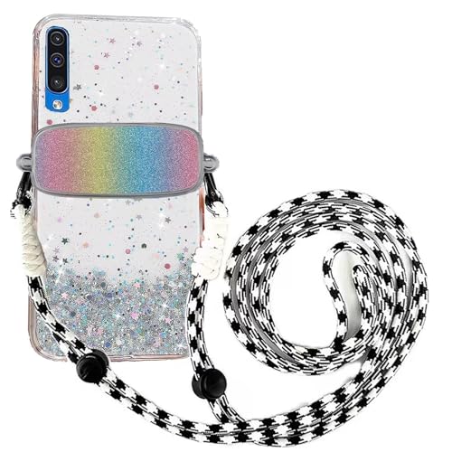 Tivenfezk Nadoli für Samsung Galaxy A70 Glitzer Handykette Hülle,Silikon Bling Durchsichtig Crossbody Tasche zum Umhängen Schutzhülle mit Telefon Clip Halter Band