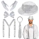 Glitzer Outfit Herren,Glitzer Accessoires Herren,Glitzer Kostüm Herre,mit Pailletten Hosenträger,Pailletten Fliege,krawatte,Handschuhe,Pailletten Kostüm Silber für Fasching Party Dance Performance