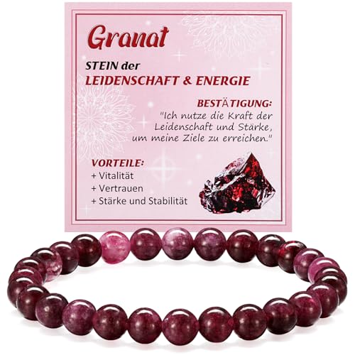 Jadive Edelstein Armband 6mm Perlenarmband für Damen Halbedelstein Elastisches Armband mit Anleitungskarte und Geschenkbox Schmuck Yoga Glücksbringer Geschenk(Granat)