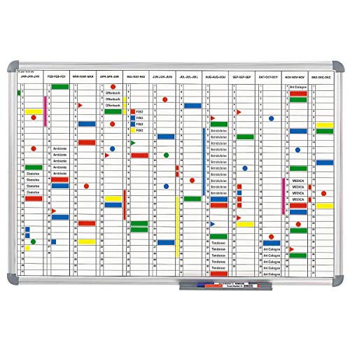 Maul Jahresplaner 90 x 60 cm, Whiteboard 12 Monate, Wochentageinteilung, Magnetisch, Alu-Rahmen 6496484