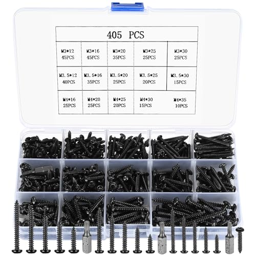 405 Stück schwarz Rundkopfschrauben Set, M3/M3.5/M4, Torx Holzbauschrauben, Kohlenstoffstahl Blechschrauben, Flachkopfschrauben, selbstschneidende Schraube Sortiment Kit, mit 3 Stück Bits