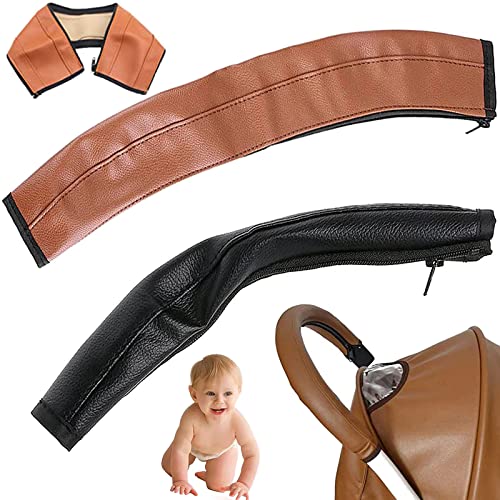 2 Stück Baby Kinderwagen Griff Abdeckung, Universal Griff Staubdicht PU Leder, PU Leder Kinderwagen Armlehne, Für die Meisten Kinderwagen Geeignet(Schwarz, Brown)